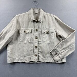 Aerie Jacket Womens Medium Beige Linen Blend Button Front Cropped Raw Hem